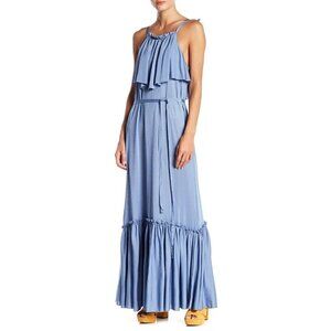 Free People Blue Maxi Dress Ruffle Sleeveless Strappy Popover SZ XS